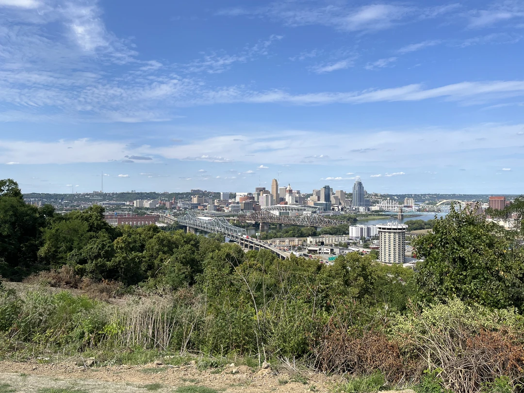 View from Devou Park in Covington, Kentucky, across the Ohio River toward the Cincinnati skyline.