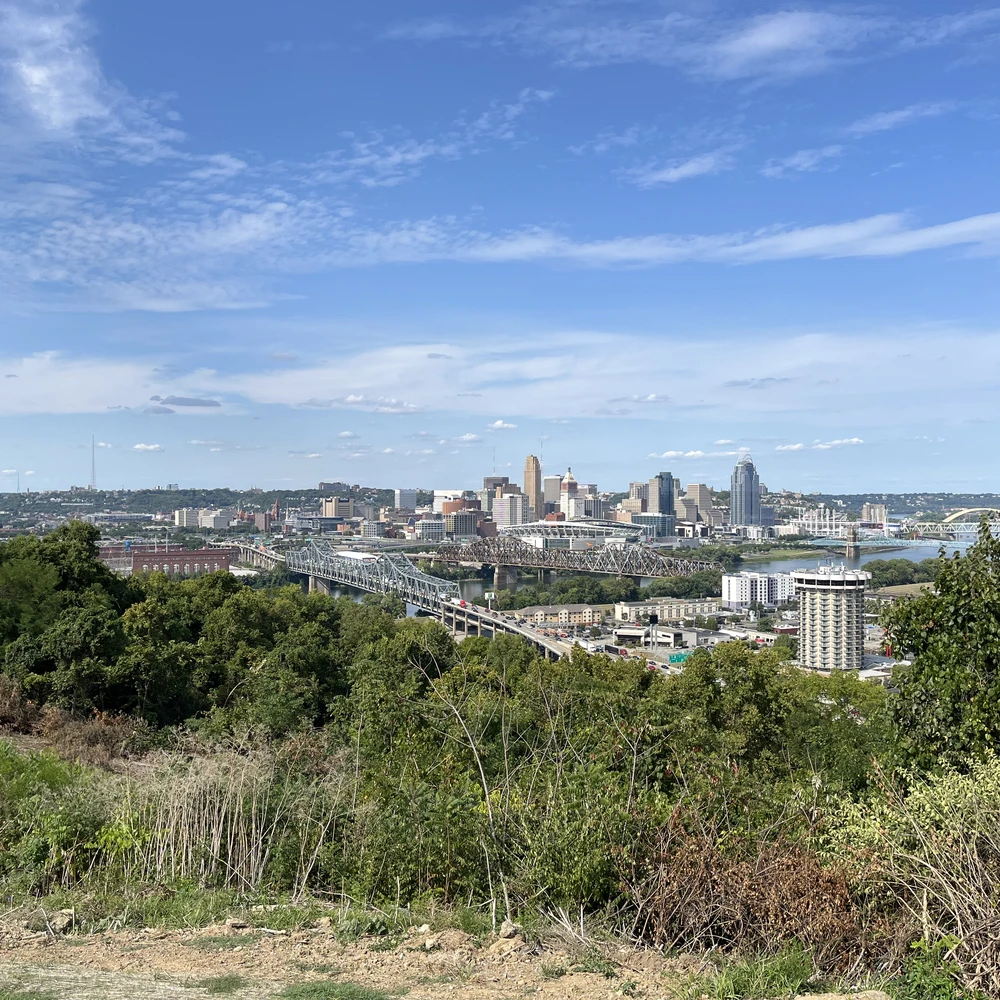 View from Devou Park in Covington, Kentucky, across the Ohio River toward the Cincinnati skyline.