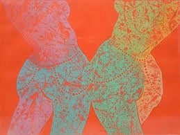 Color print by Stephanie Pogue showing two patterned female figures locked at the hip on a red background.