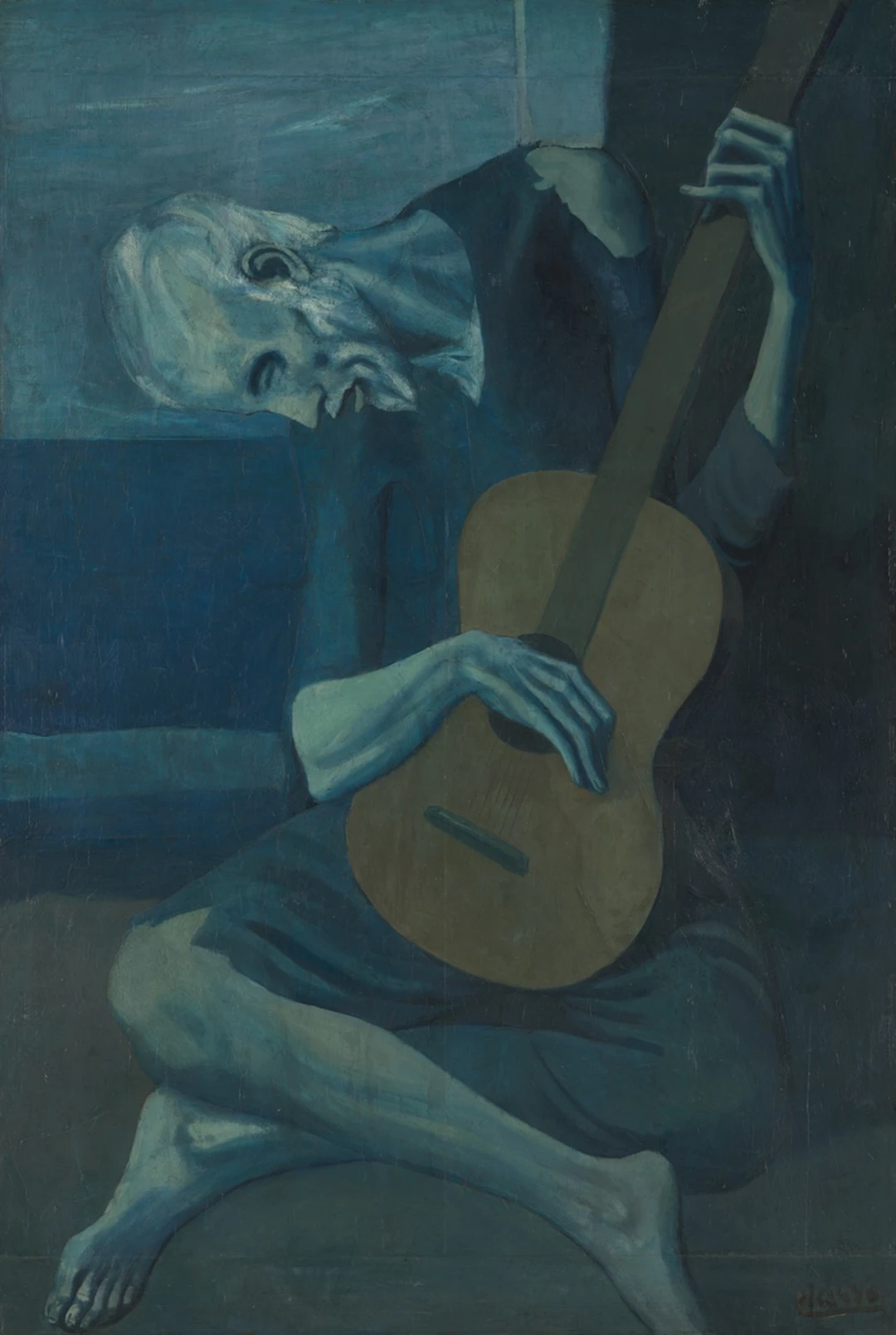Oil painting by Pablo Picasso showing an emaciated old man in blue tones hunched over his guitar. Pablo Picasso, The Old Guitarist, late 1903–early 1904. Image from the Art Institute of Chicago.