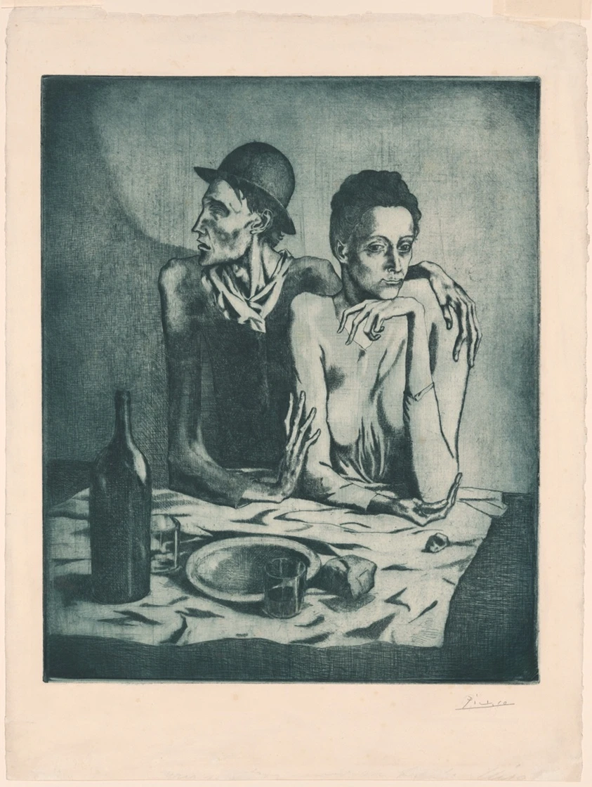 Etching by Pablo Picasso showing two emaciated figures at a table with a bottle and bread. Pablo Picasso, The Frugal Meal, from The Saltimbanques, September 1904. Image from the Art Institute of Chicago.