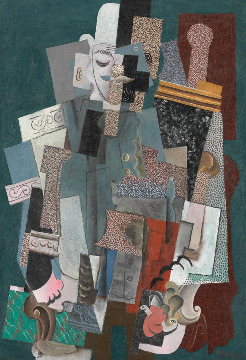 Cubist painting by Pablo Picasso with fragmented geometric forms in muted greens, reds and grays. Pablo Picasso, Man with a Pipe, 1915. Image from the Art Institute of Chicago.