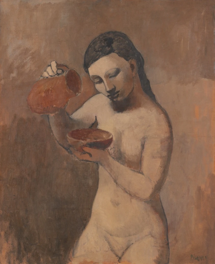 Painting by Pablo Picasso of a nude woman pouring from a terracotta pitcher into a bowl, in earthy rose tones. Pablo Picasso, Nude with a Pitcher, summer 1906. Image from the Art Institute of Chicago.