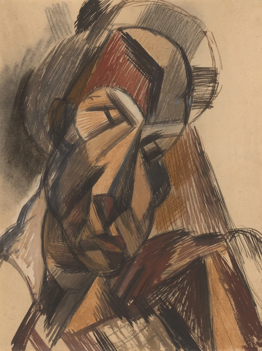 Drawing by Pablo Picasso of a fragmented head in analytical cubist style, in beige, gray and ochre. Pablo Picasso, Head of a Woman, spring 1909. Image from the Art Institute of Chicago.