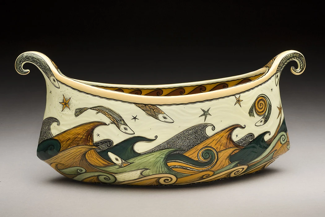 Narrative ceramic vessel by Terri Kern shaped like a boat, painted with fish, waves and stars. Terri Kern. Image from the artist's website. (Related image located during this archive's reconstruction.)
