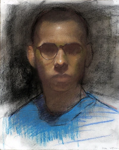 Charcoal self-portrait of the artist in a blue shirt and glasses. Tyler Wilkinson, self-portrait. Image from Manifest Gallery.