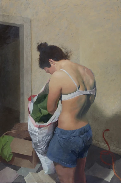 Figure of a woman from behind holding a bag, interior. Tyler Wilkinson. Image from Manifest Gallery.