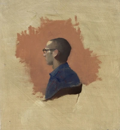 Self-portrait in profile with glasses on an orange ground. Tyler Wilkinson, self-portrait. Image from Manifest Gallery.