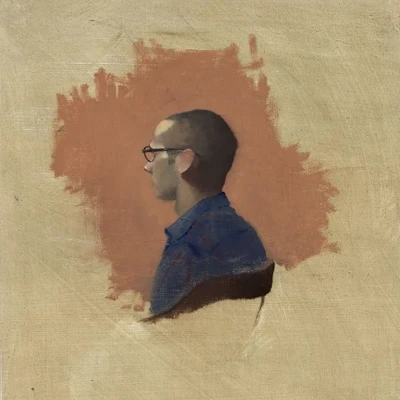 Self-portrait in profile with glasses on an orange ground. Tyler Wilkinson, self-portrait. Image from Manifest Gallery.