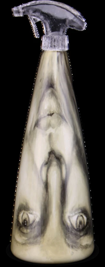 A tall conical glass spray bottle with a woman's face painted in enamels.