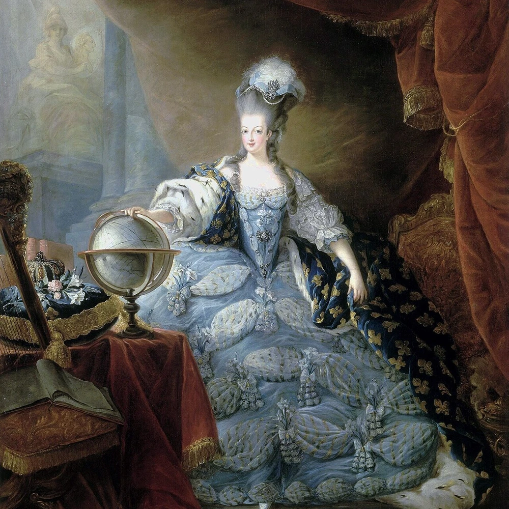 Eighteenth-century portrait print of Marie Antoinette, Queen of France, with a tall powdered hairstyle and a gown with lace and ribbons.