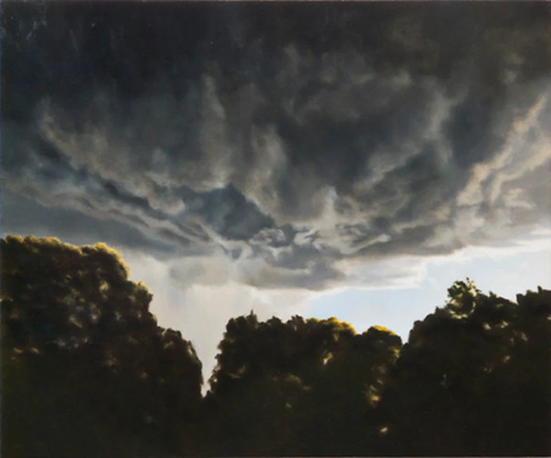 Heavy dark mammatus clouds filling the sky with a bright gap of light at center; dark tree silhouettes along the bottom edge. April Gornik, Lowering Sky. Image from the artist's website.