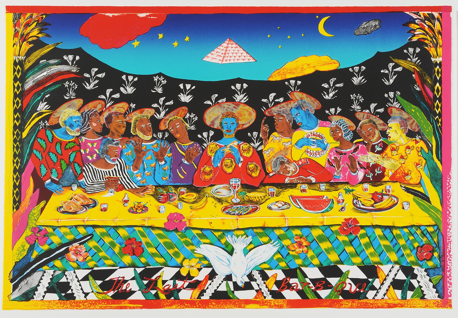 Color lithograph by Margo Humphrey showing figures gathered around a table laden with food under a night sky with a pyramid.