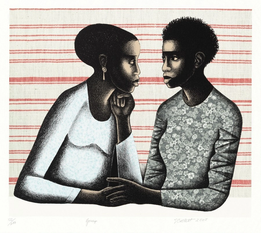 Lithograph by Elizabeth Catlett showing two young women facing each other against a striped background.