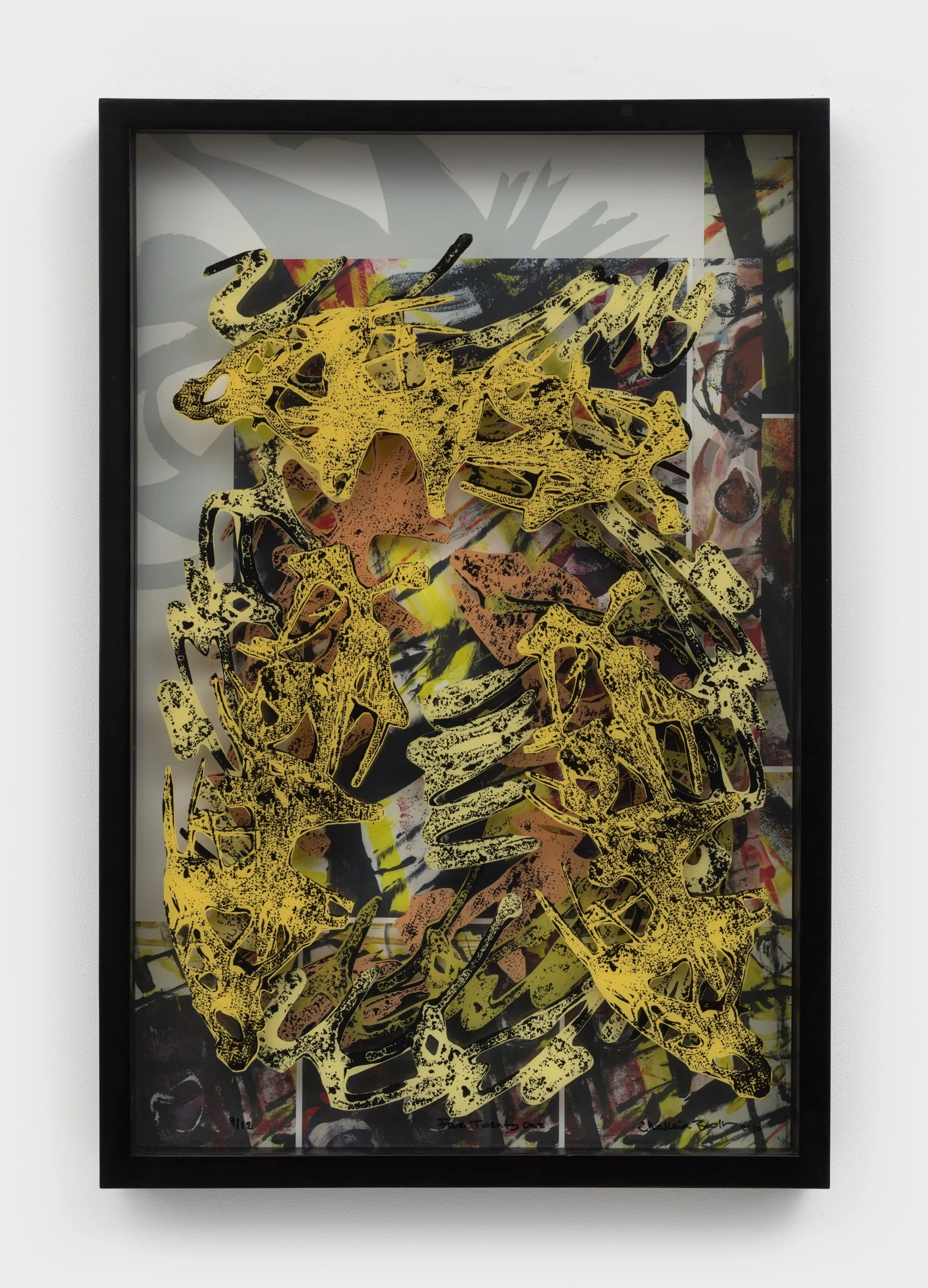 Layered print by Chakaia Booker with yellow tire-fragment forms over photographic imagery.