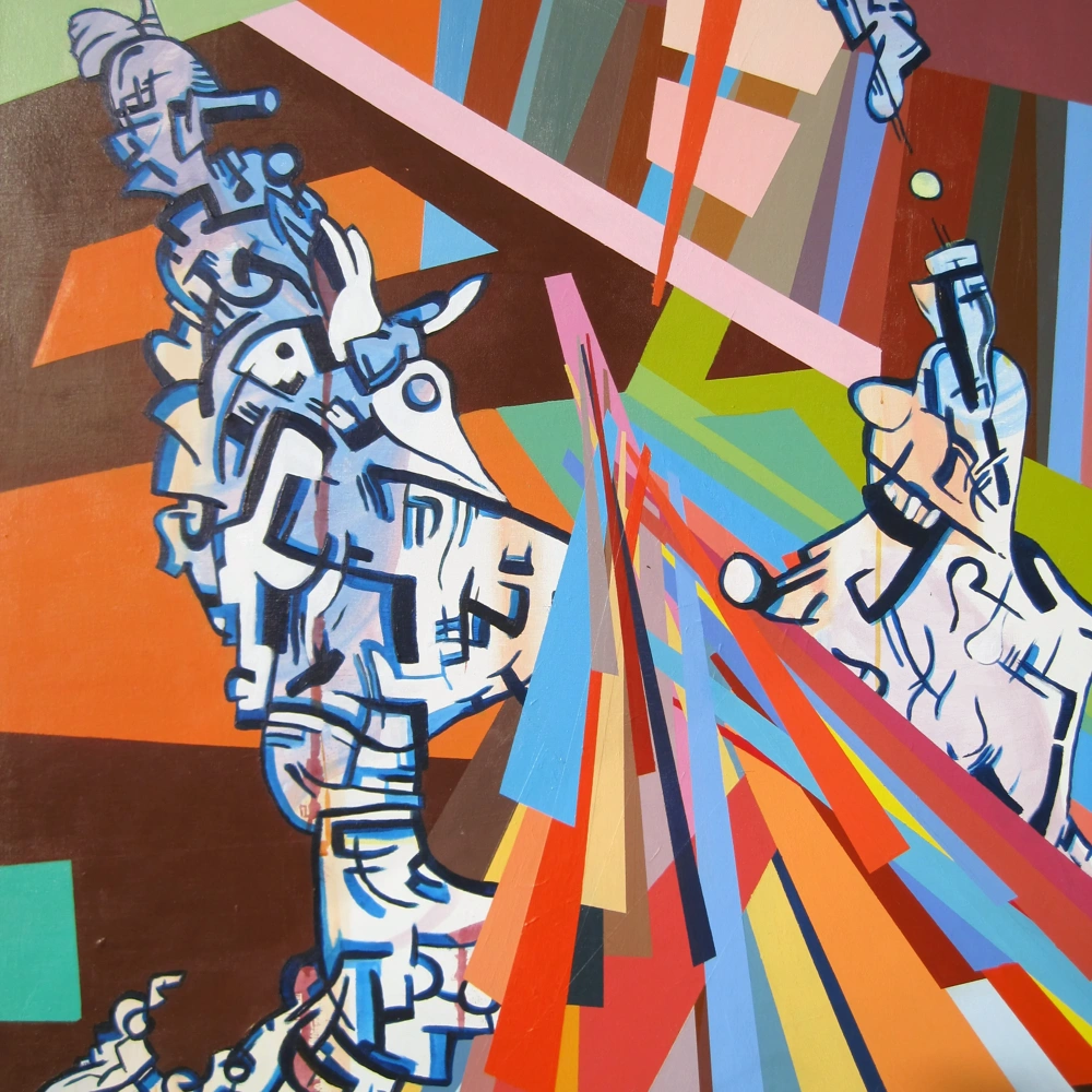 Abstract painting by Maxwell Redder with stylized white and blue figures amid angular bands of orange, green, pink and blue.