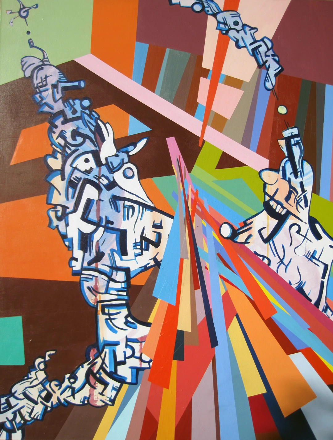 Abstract painting by Maxwell Redder with stylized white and blue figures amid angular bands of orange, green, pink and blue.