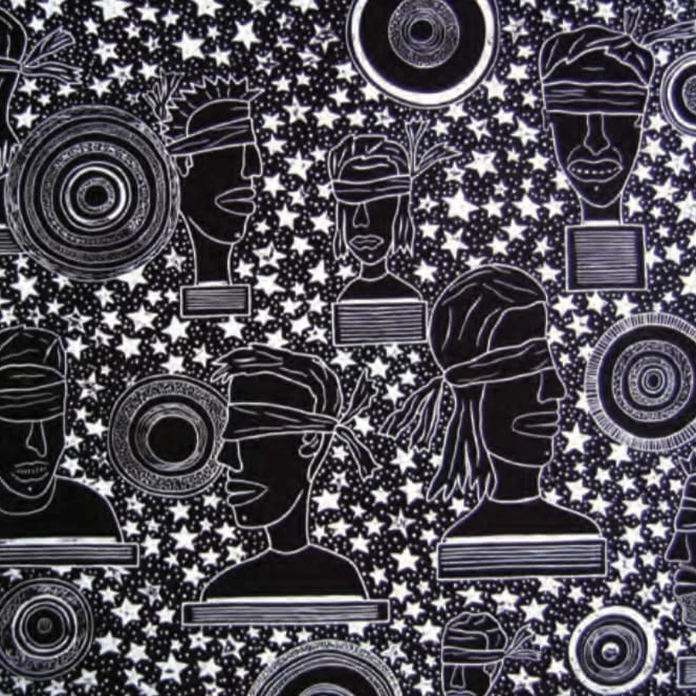 Black-and-white woodcut print of blindfolded busts and circular suns on a starry black background.