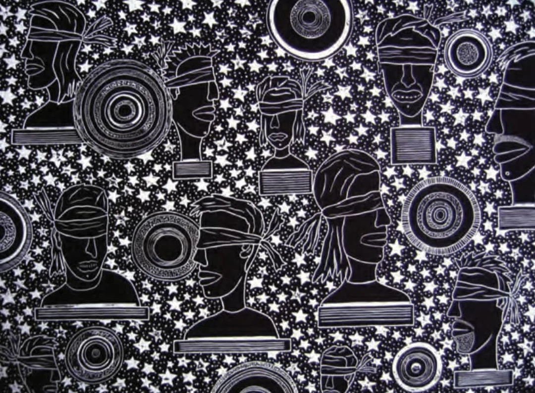 Black-and-white woodcut print of blindfolded busts and circular suns on a starry black background.