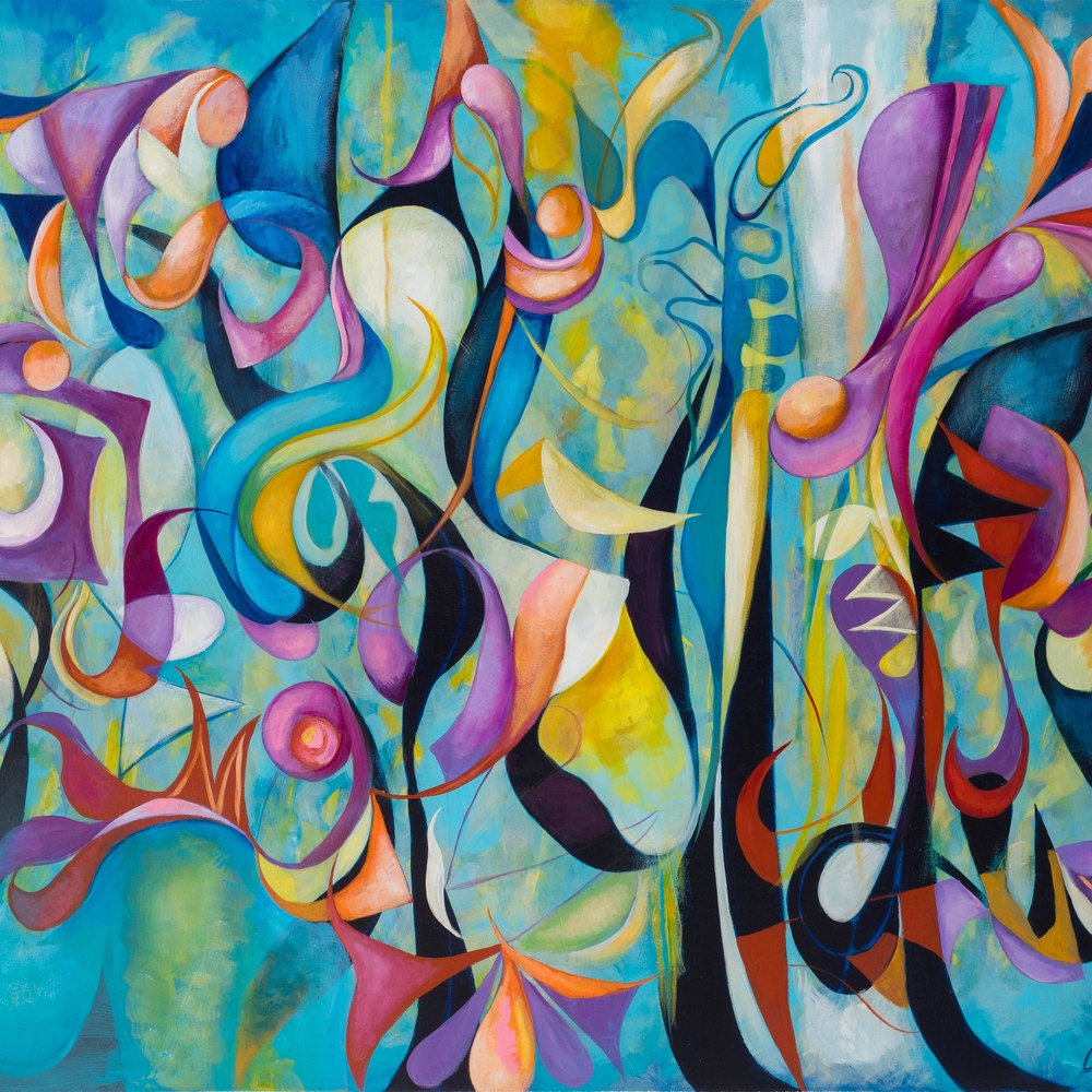 Underwater Love, an abstract painting by Cedric Michael Cox with swirling blue, green, yellow and pink forms.