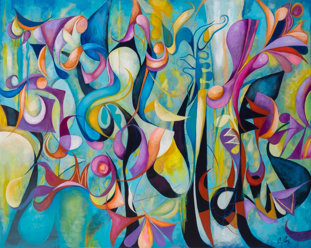 Underwater Love, an abstract painting by Cedric Michael Cox with swirling blue, green, yellow and pink forms.