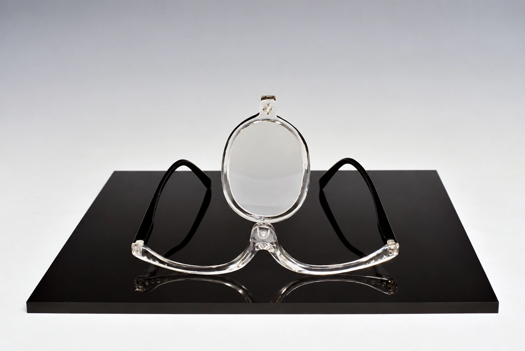Michael Aurbach, Third Eye: Blind Transcendentalist: clear eyeglass frames with a single oval lens standing upright at the bridge, on a black rectangular base. (Digitally enhanced. May contain discrepancies from the original artwork.)