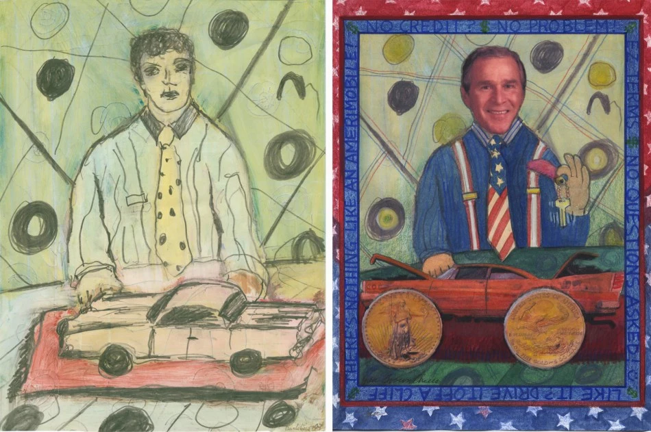 A Change of Perspective, original drawing by Arno Backhaus and redrawing by Jan Brown Checco: two-panel colored drawing with a man in a spotted tie leaning on a car beside a smiling man in suspenders behind a red car with coin wheels