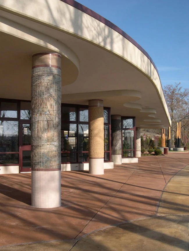 Clay, Color and Fire, ceramic installation by Jan Brown Checco: pavilion with columns decorated in ceramic tile mosaics