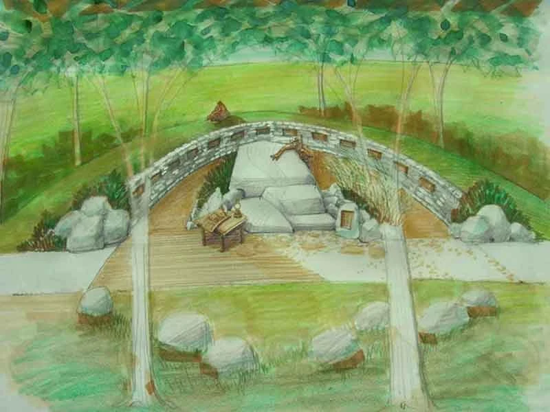 The Black Brigade Monument, conceptual colored drawing by Jan Brown Checco: curved stone monument with benches under a canopy of trees in a green park