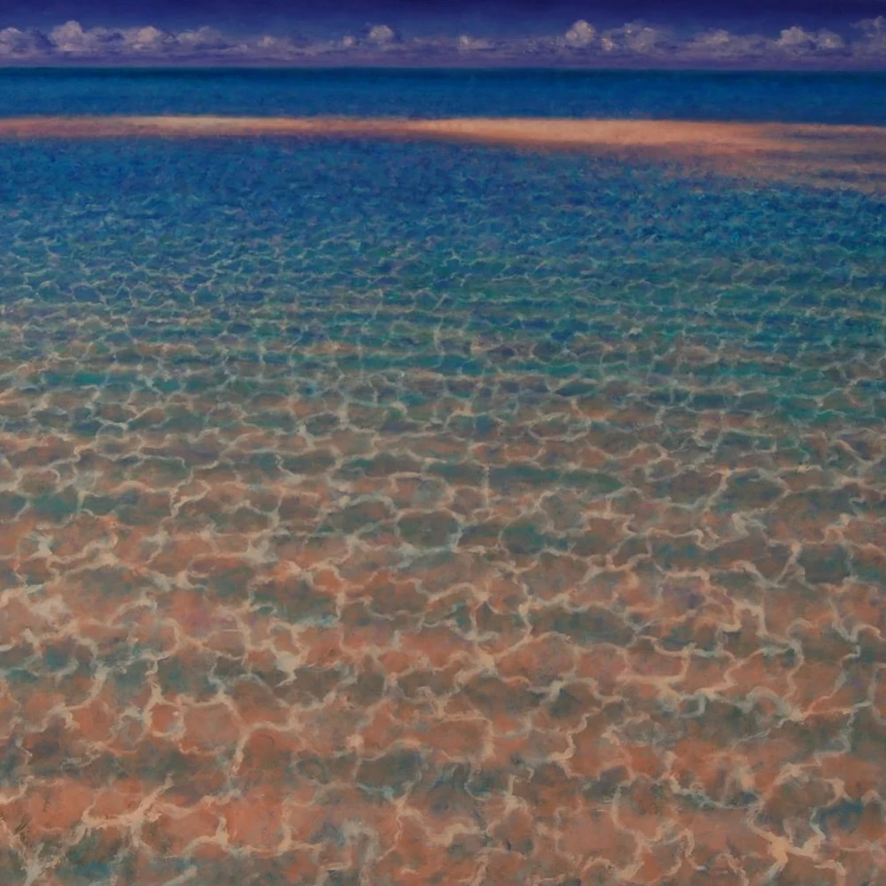 Rick Bennett's 'Sandbar #12' (2013): shallow rippling water over patterned sand with a sandbar under a cloudy sky.