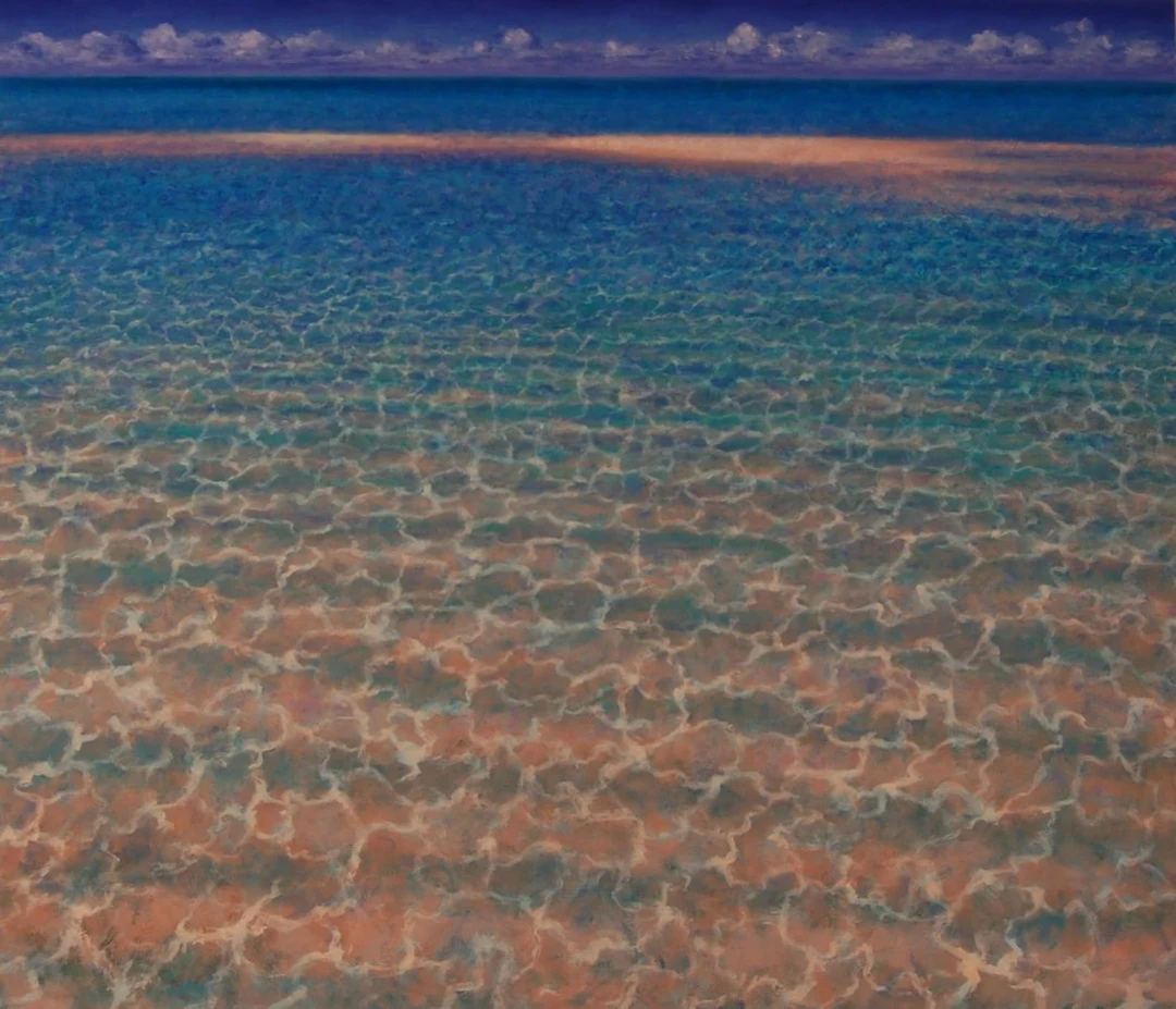 Rick Bennett's 'Sandbar #12' (2013): shallow rippling water over patterned sand with a sandbar under a cloudy sky.