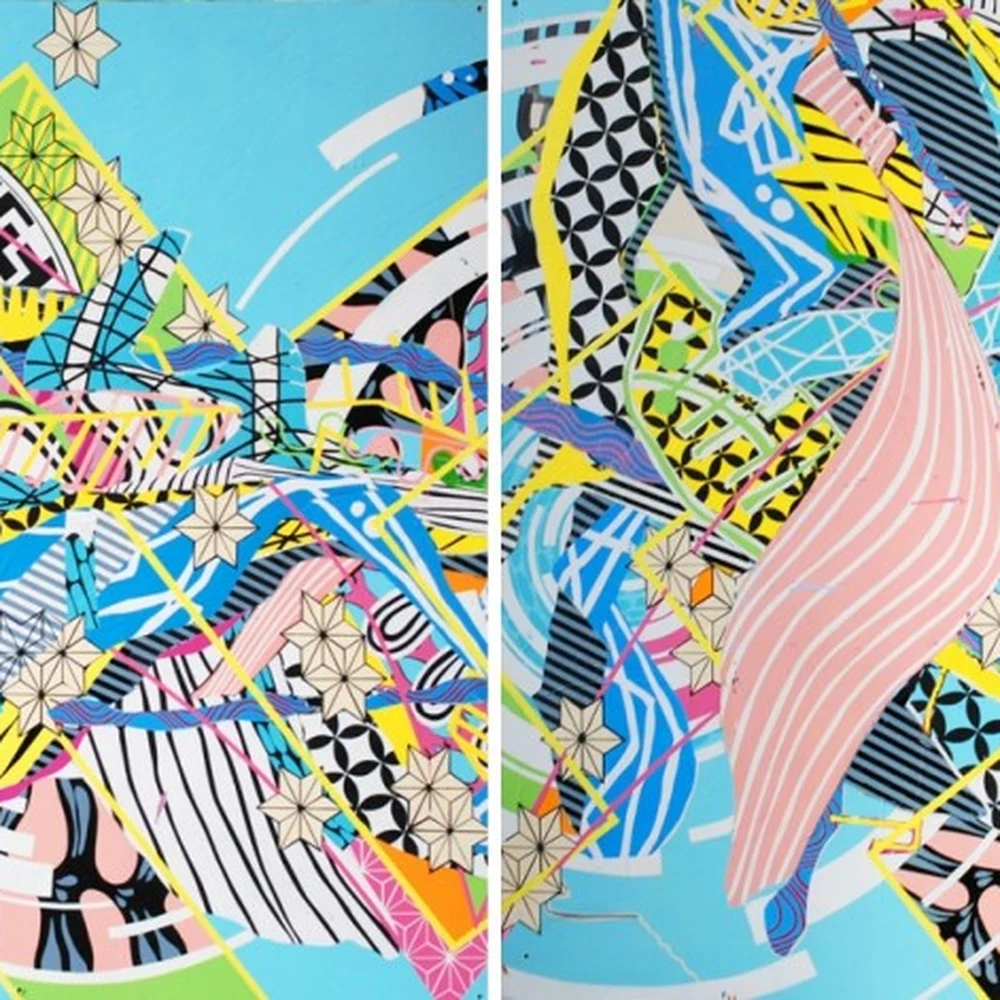 Dense abstract painting in neon pink, yellow, blue and black, with interlocking geometric and biomorphic patterns across a turquoise ground