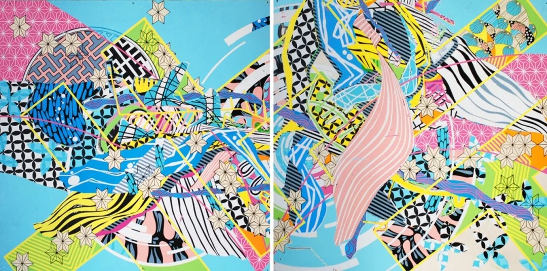 Dense abstract painting in neon pink, yellow, blue and black, with interlocking geometric and biomorphic patterns across a turquoise ground