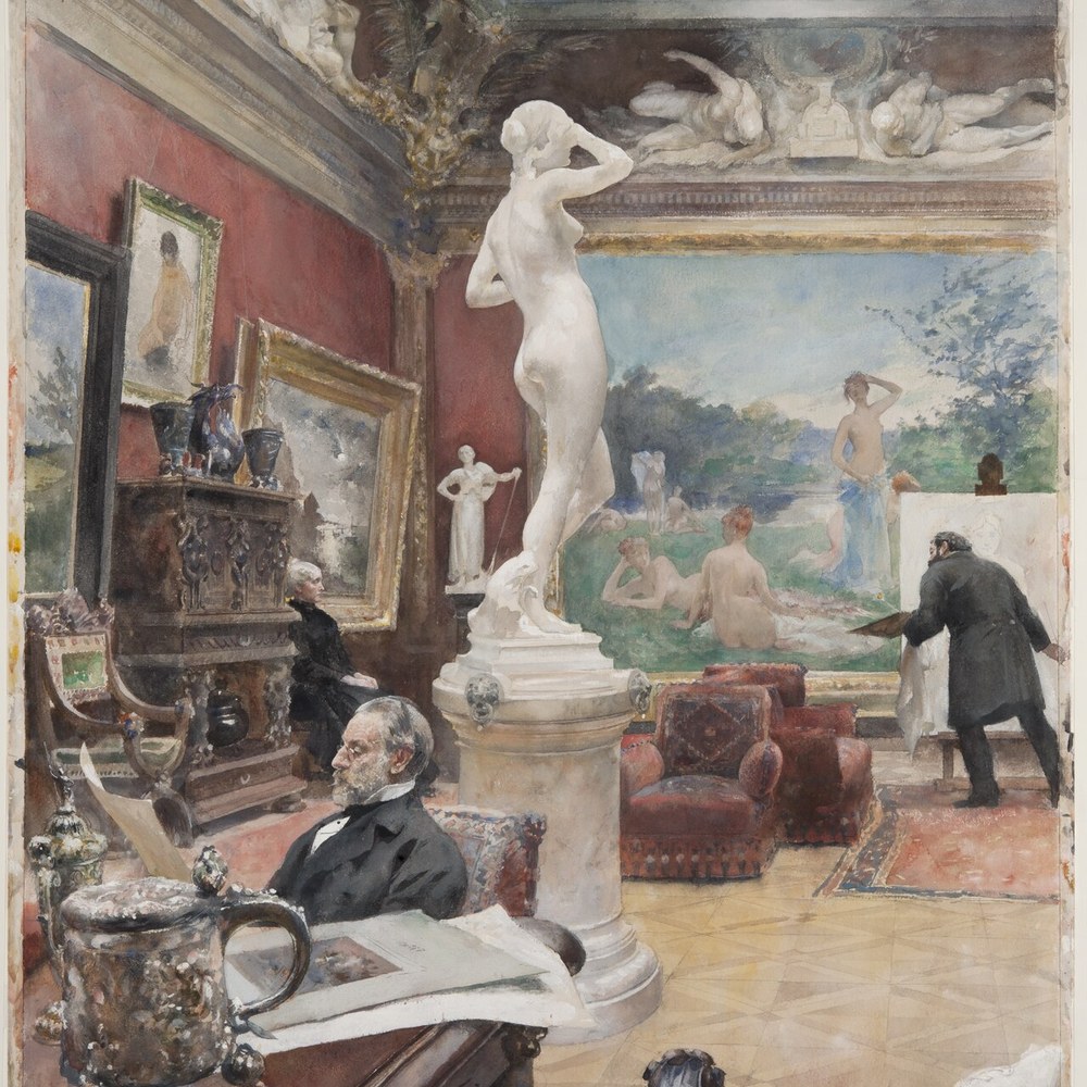 Watercolor of a 19th-century art gallery interior with paintings and sculptures.