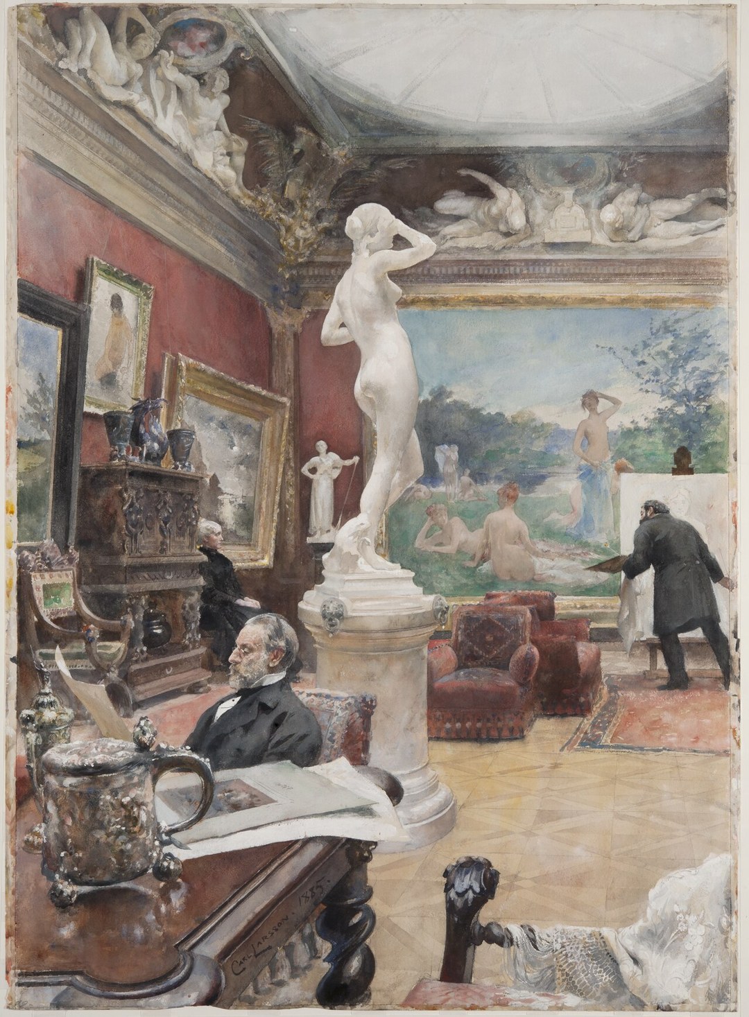 Watercolor of a 19th-century art gallery interior with paintings and sculptures.