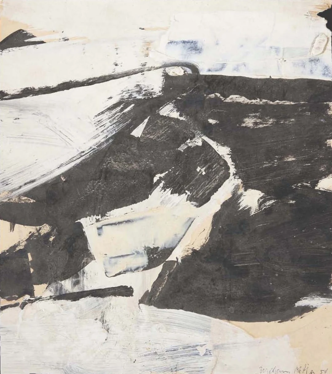 Black-and-white abstract acrylic painting with bold gestural brushstrokes.