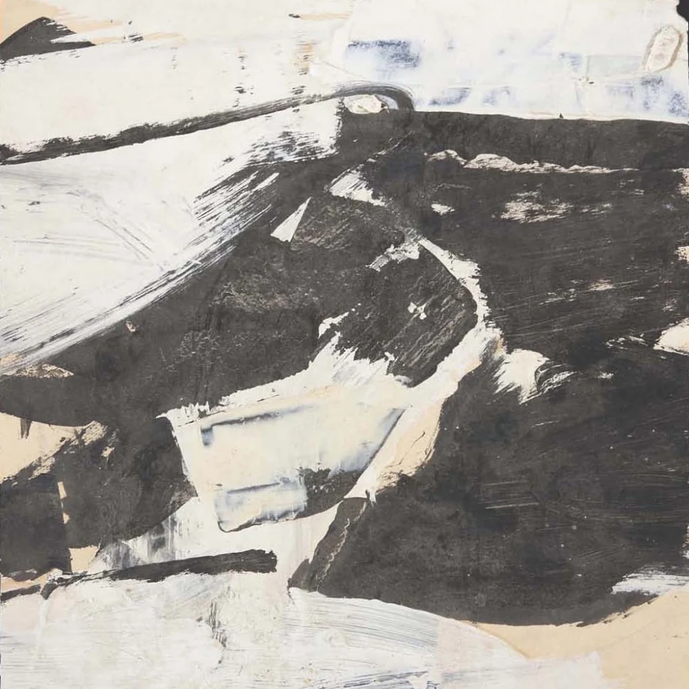 Black-and-white abstract acrylic painting with bold gestural brushstrokes.