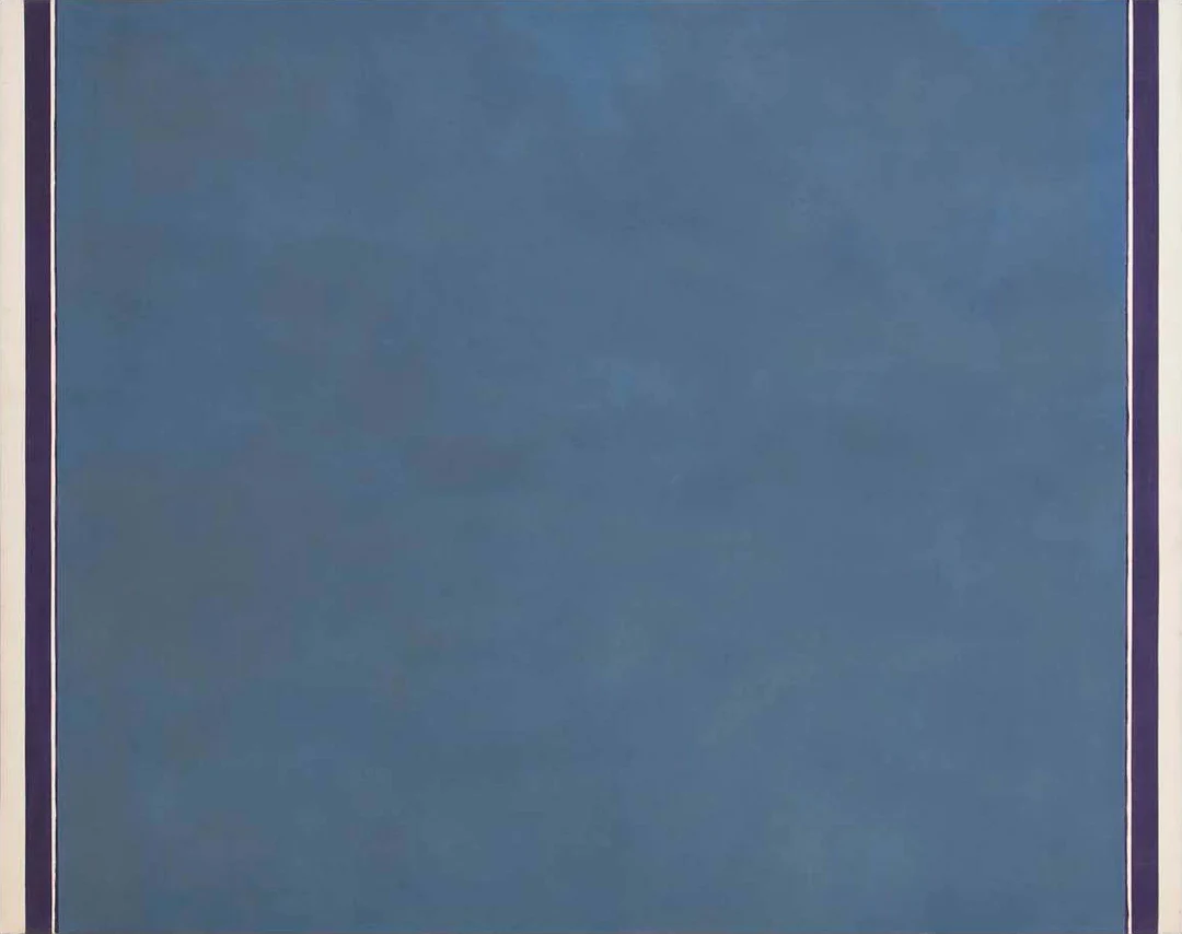 Blue color-field painting with dark vertical bands along the left and right edges.