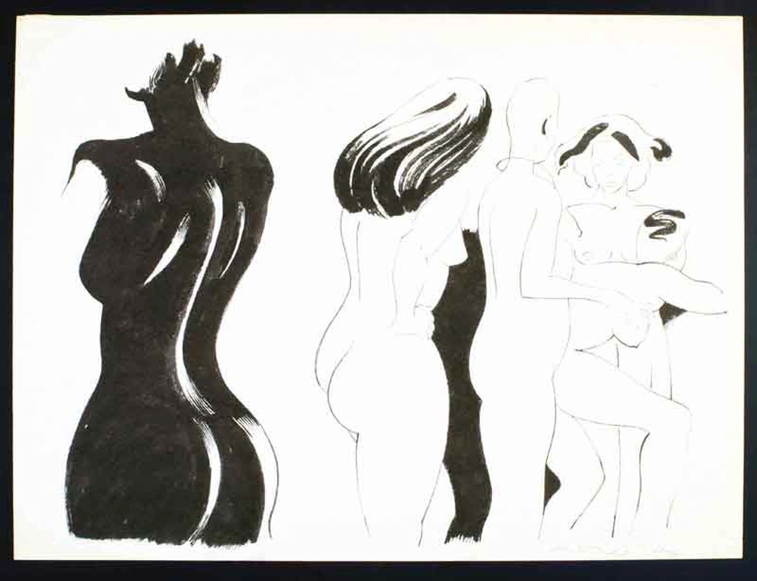 Black-and-white ink drawing of four standing female nudes in bold expressive line.