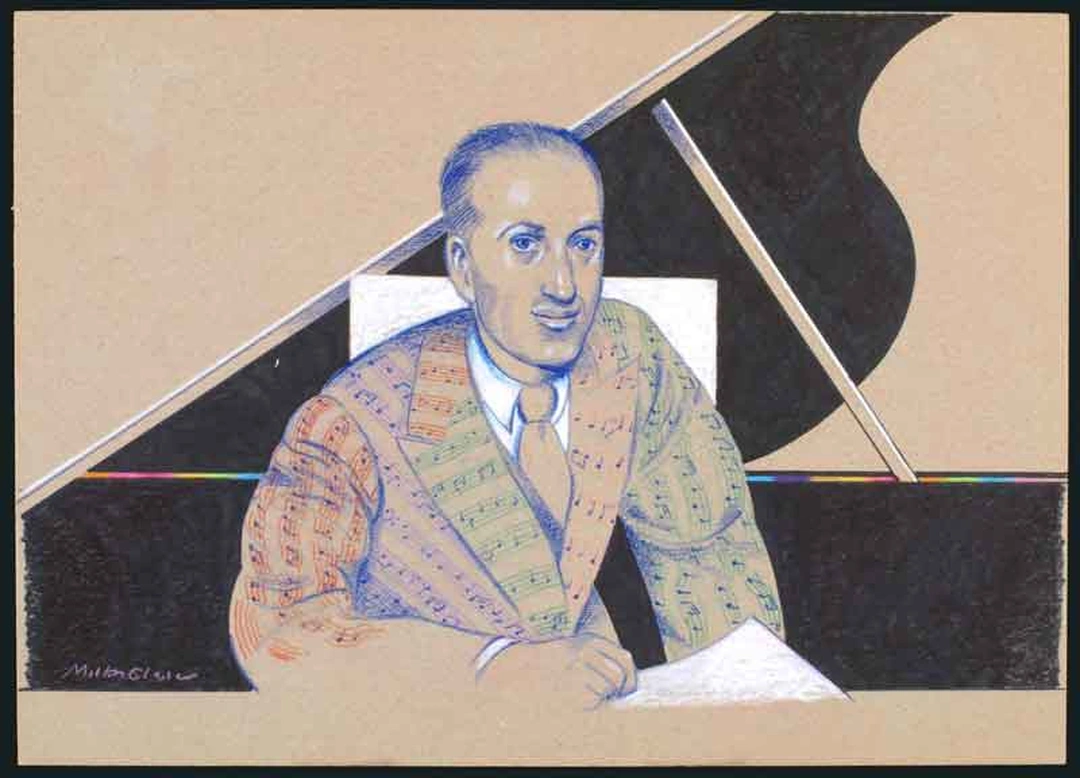 Colored portrait of George Gershwin seated at a grand piano, wearing a suit covered in musical notation.