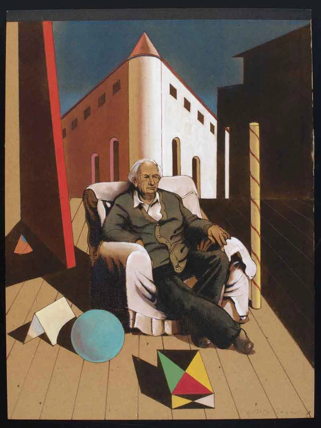 Colored drawing of a seated elderly man in a metaphysical interior with towers, arches and geometric shapes, in homage to de Chirico.