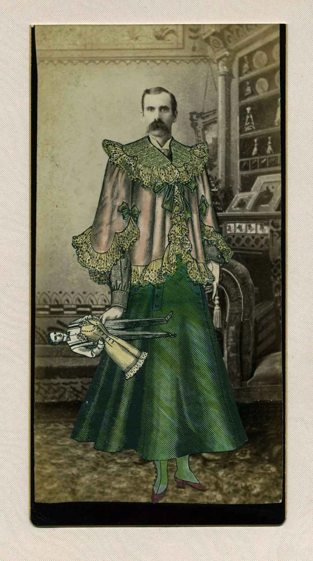 Sara Pearce's hand-colored collage: a mustached Victorian man wearing a pink cape and green dress, holding a doll.