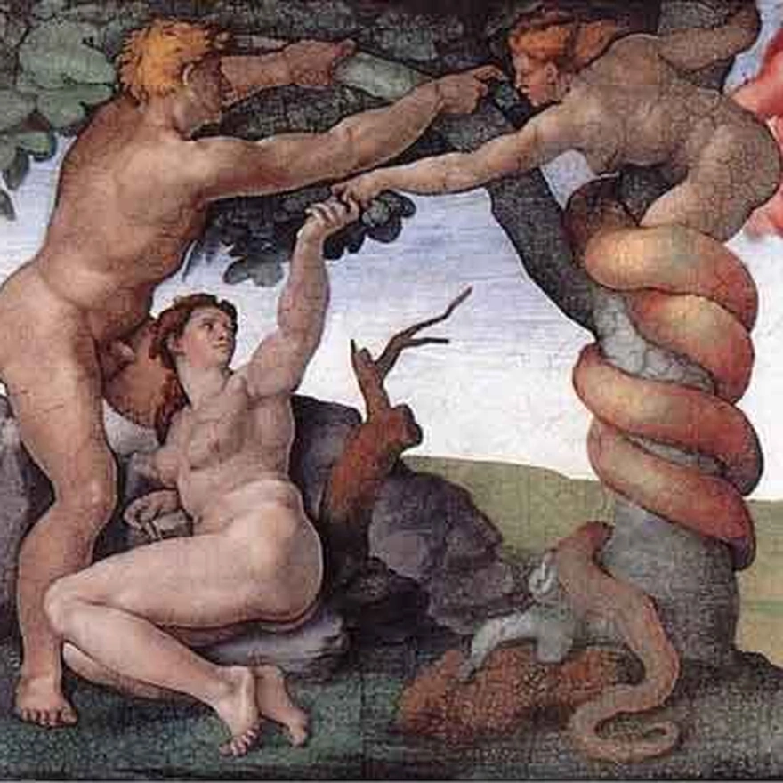 Detail of Michelangelo's Sistine Chapel fresco of the Fall: Adam and Eve reaching for the fruit beside the tree, where the serpent with a woman's body is coiled.