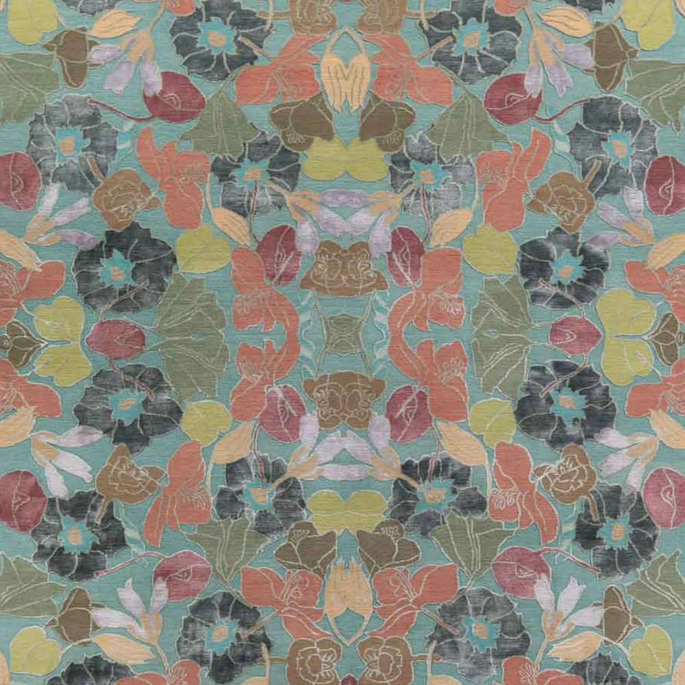 Floral rug design with orange, red, yellow and black blossoms scattered over a turquoise ground.