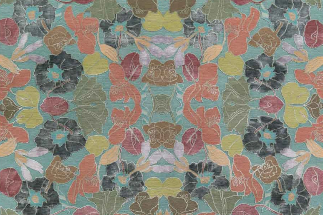 Floral rug design with orange, red, yellow and black blossoms scattered over a turquoise ground.