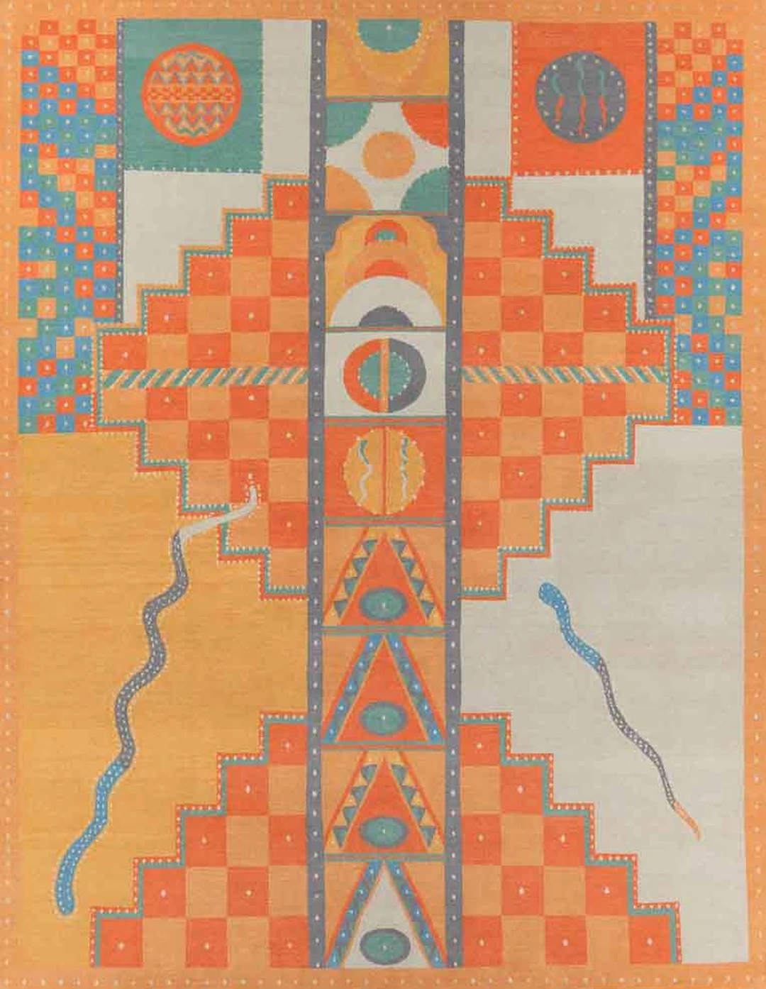 Geometric rug with stepped and checkered bands in orange, turquoise, cream and gray.