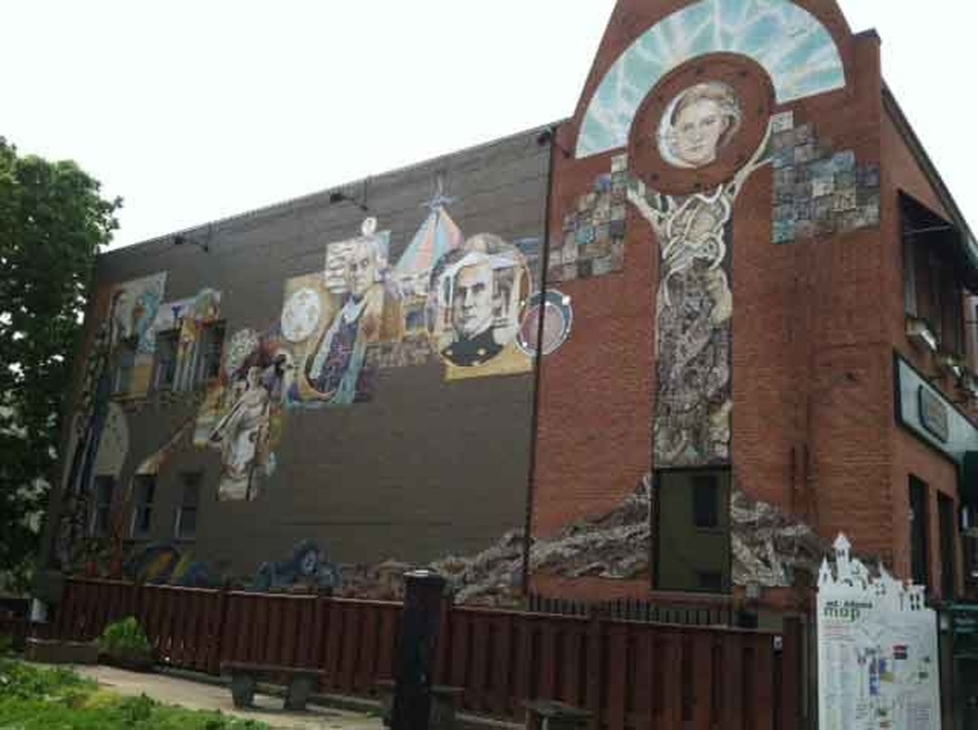 Large mural painted on the side of a brick building, Mt. Adams, Cincinnati