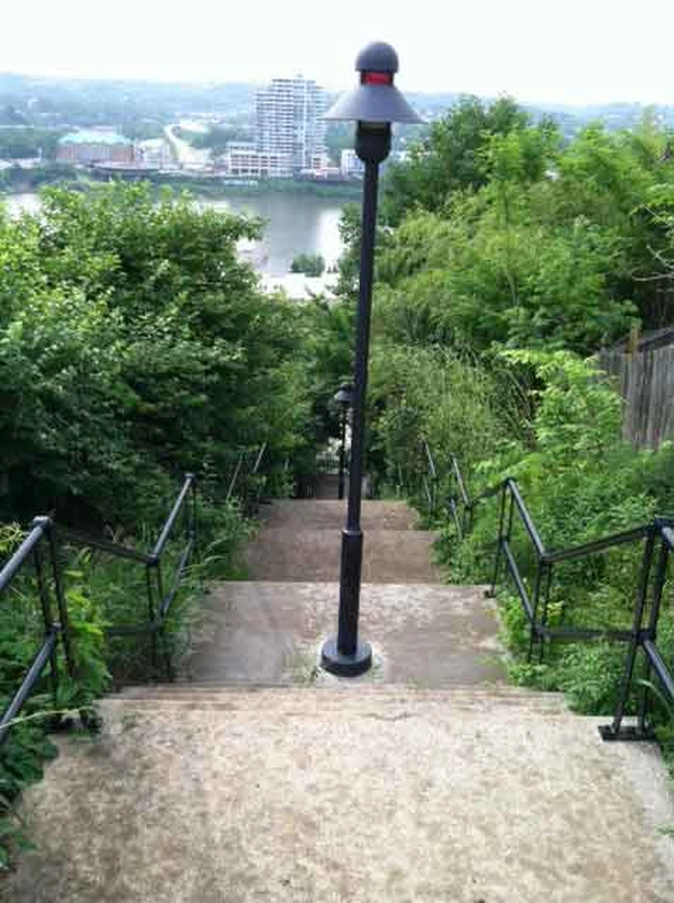 Concrete steps with railings and lampposts descending a green hillside toward the river, Mt. Adams