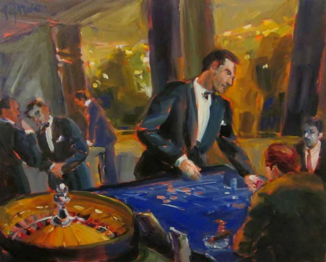 Oil painting of a casino scene: a croupier in a tuxedo leaning over a blue roulette table, gamblers around him in warm golden light.