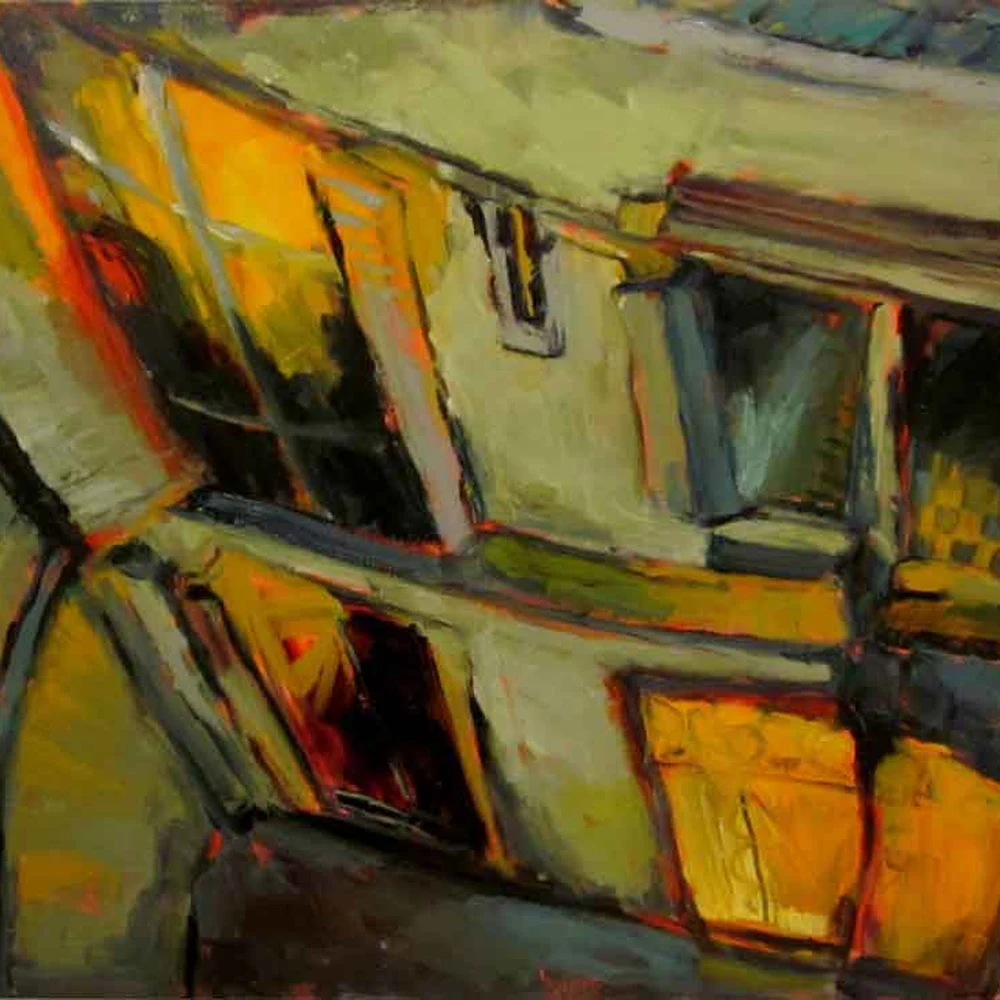 Expressionist oil painting of a courtyard facade in bold yellows, oranges and olive greens, with loose gestural brushstrokes; the artist's signature at lower left.